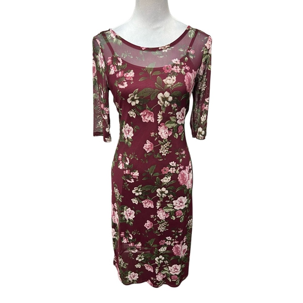 Rags to Wishes Women’s Plum Floral Print Short Sleeve Dress w/ Sheer Overlay - Picture 1 of 7